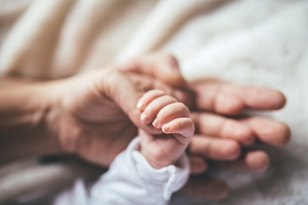 Adult hand holding a newborn's fist